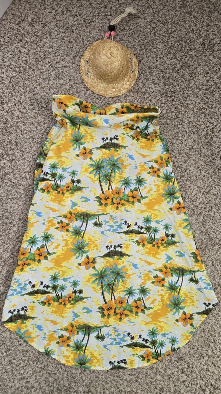 DOG PET SHIRT & STRAW HAT Hawaiian Print XL Size Sewn Button Fun Cute Fashion